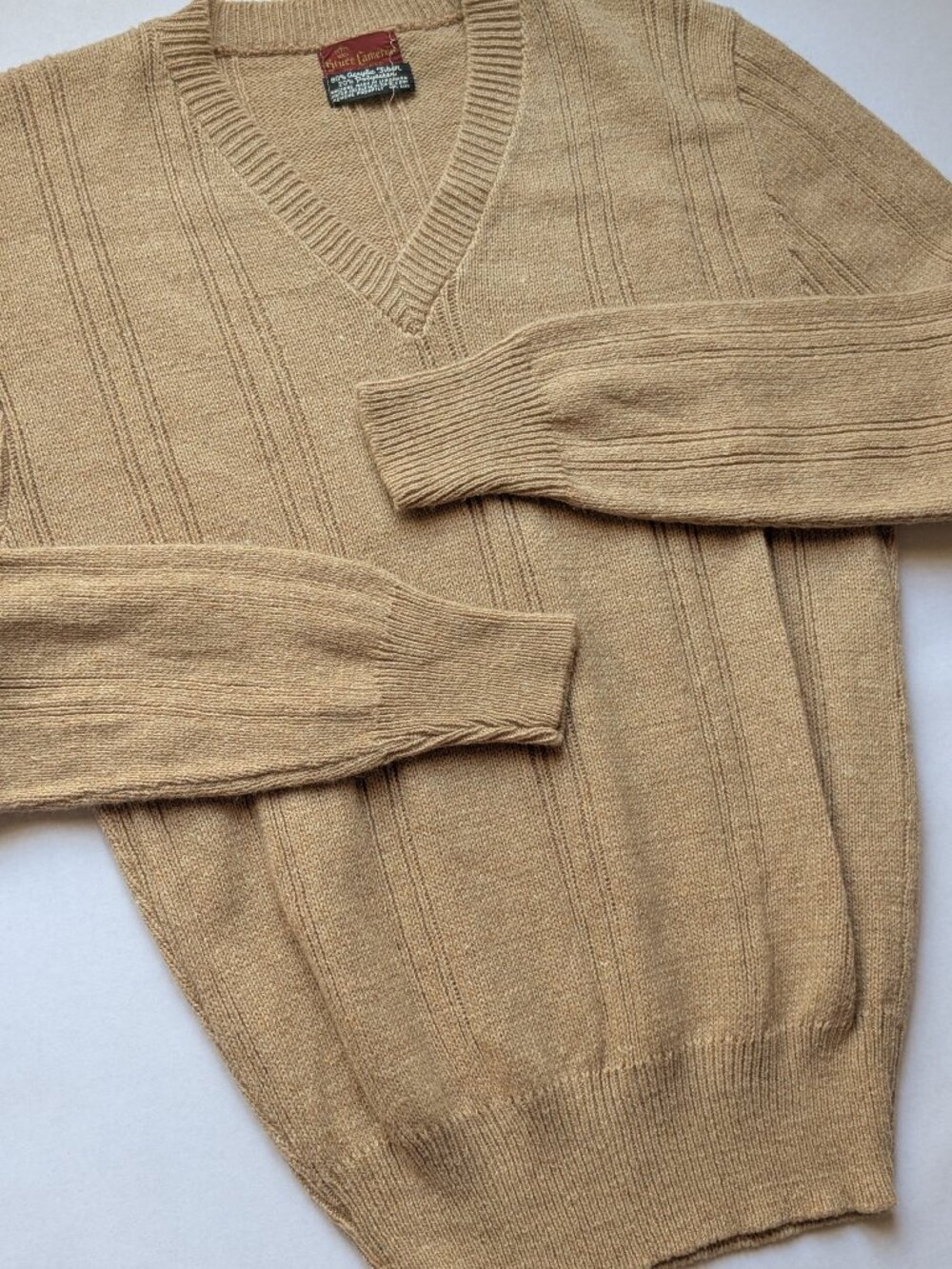 Vintage 70s Bruce Cameron Knits V-neck Tan Woven Ribbed Pullover